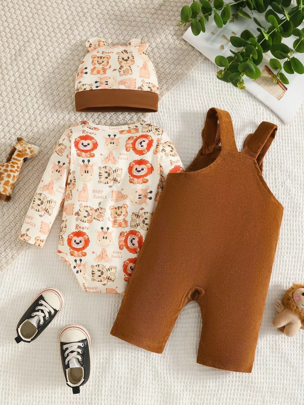 Children's Corduroy Overall and Animal Print Long Sleeve Top Set with Hat, image 2