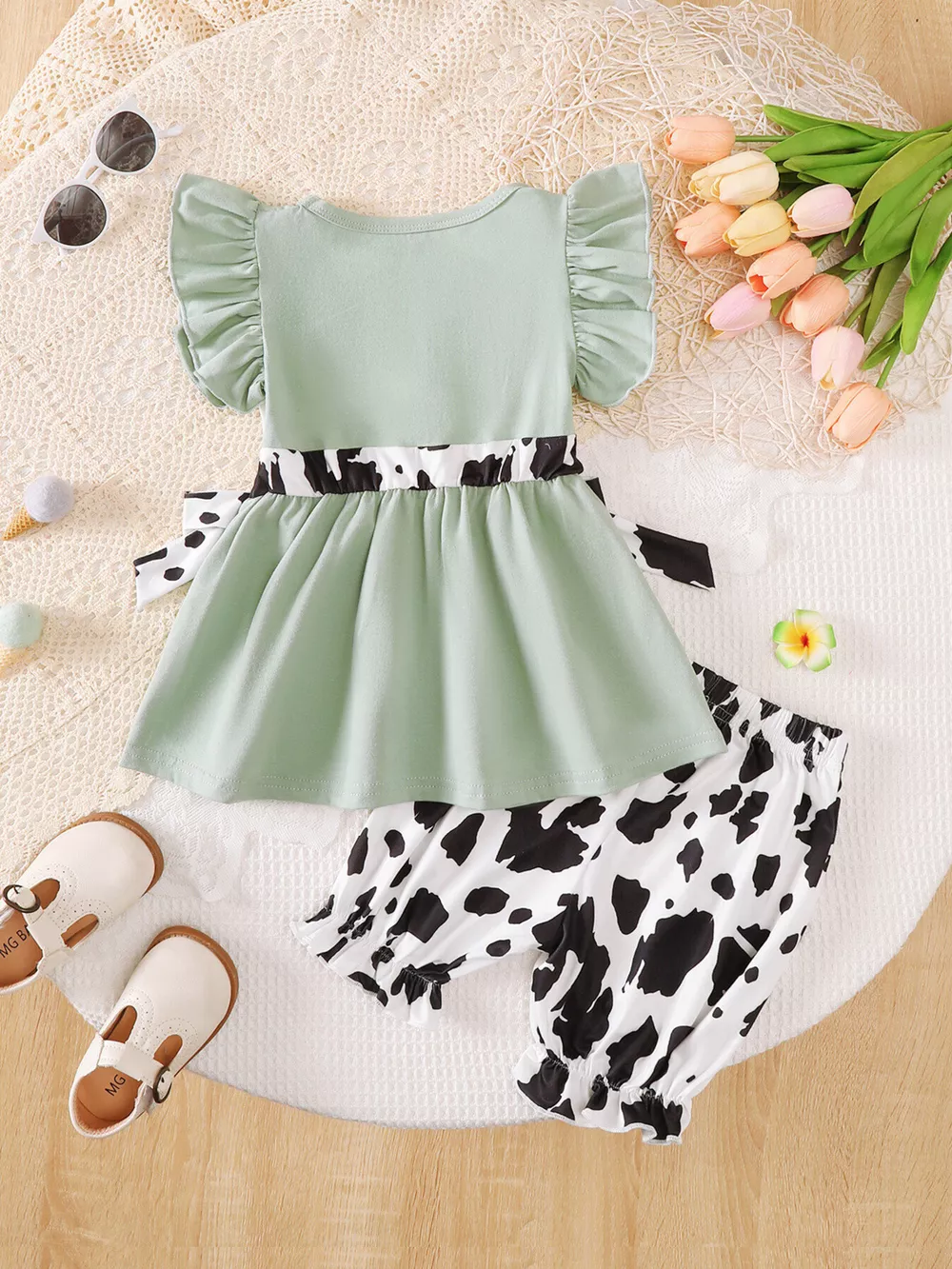 Children's Cow Print Ruffle Sleeve Top and Shorts Set, image 4