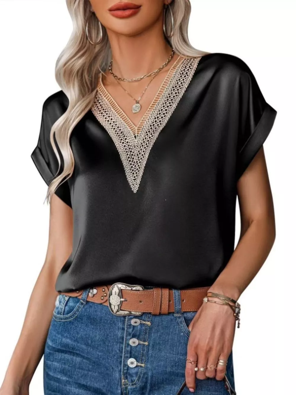 V-Neck Short Sleeve Satin Top