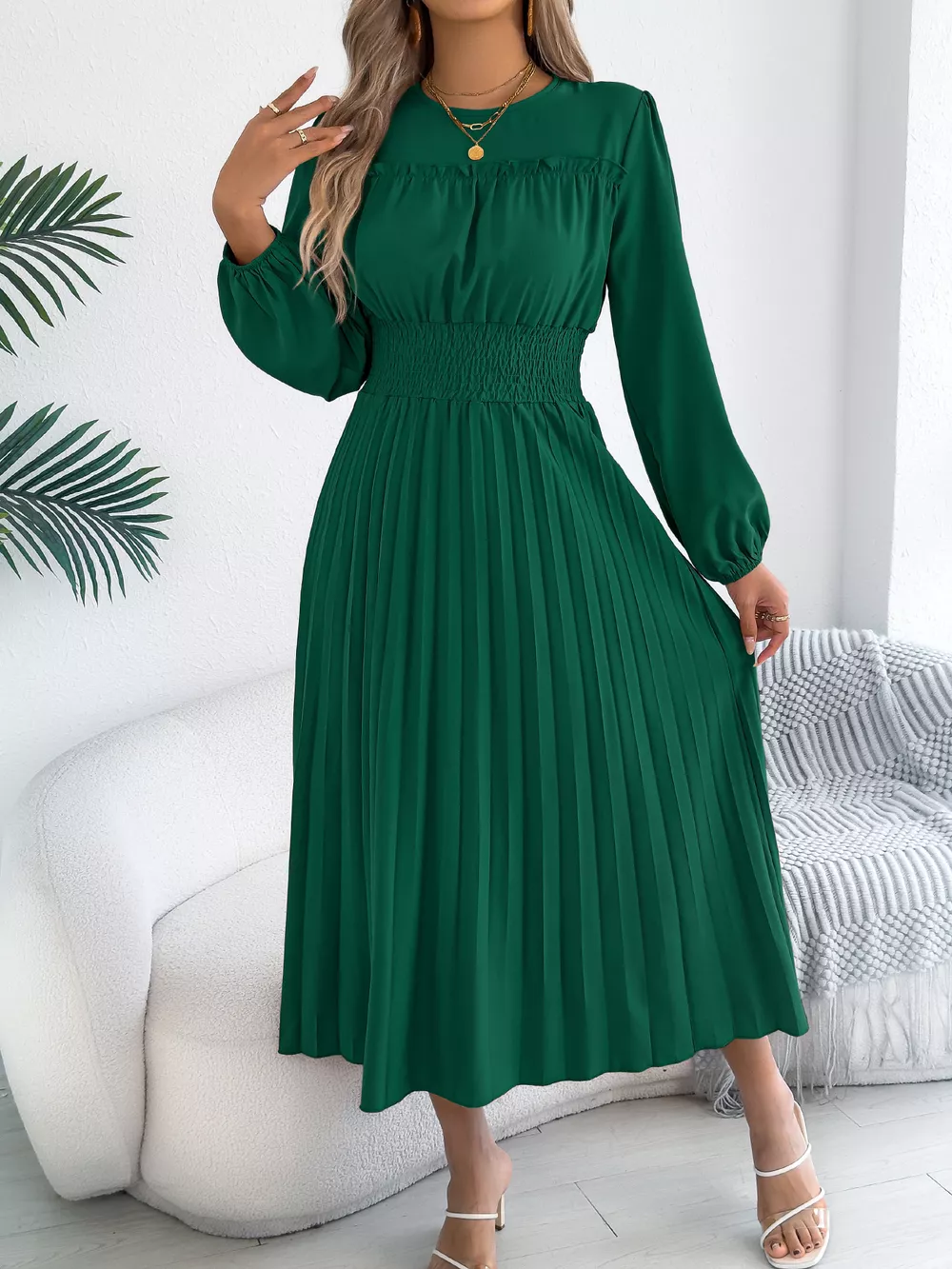 Smocked Pleated Long Sleeve Midi Dress, image 9