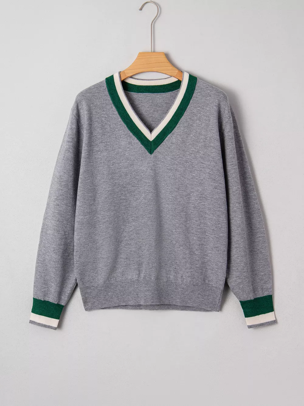 Contrast Striped Trim V Neck Varsity Sweater, image 6