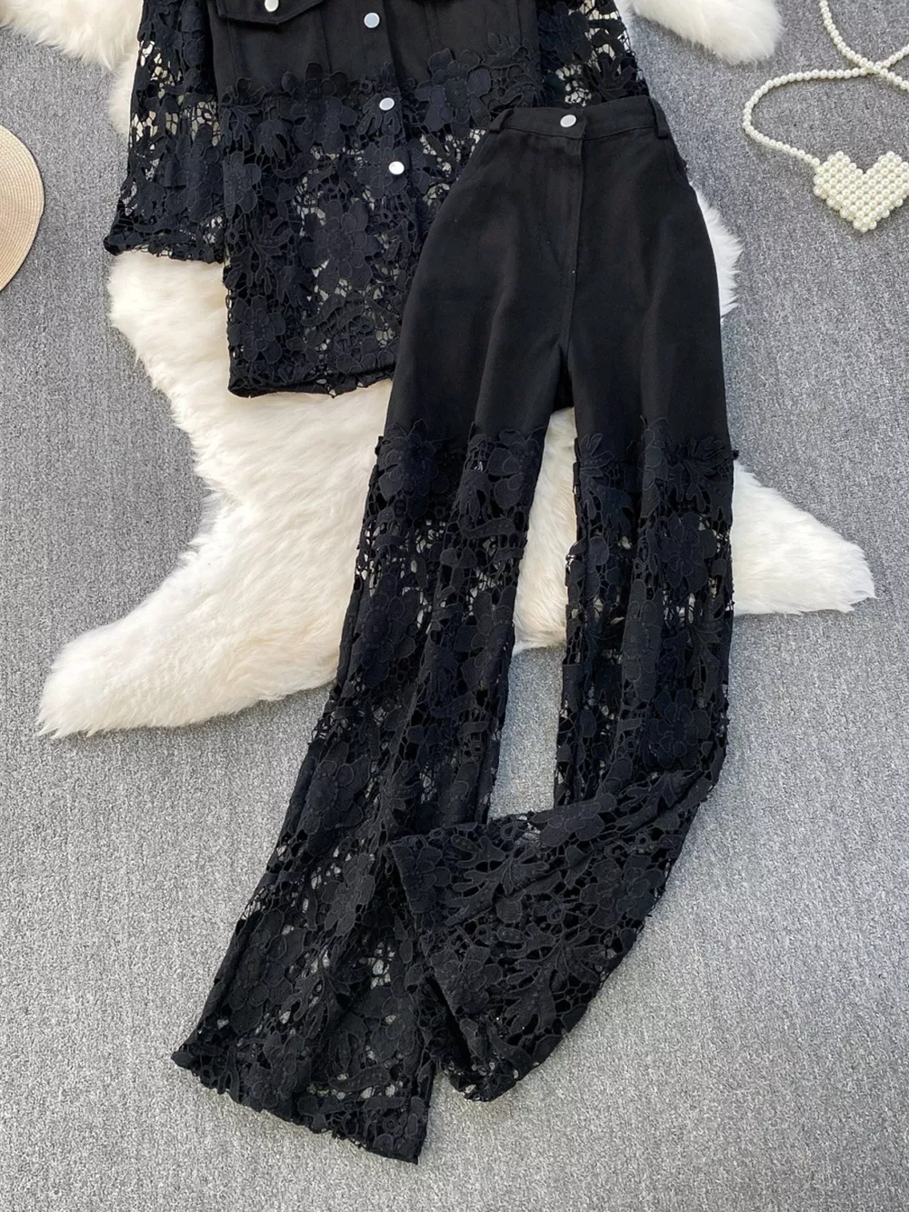 Lace Patchwork Shacket and Pants Set, image 2