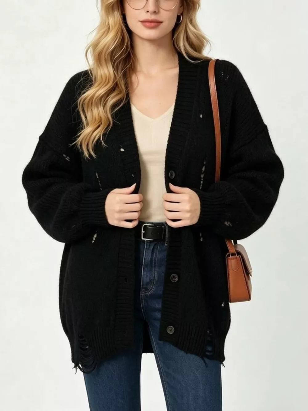 Full Size Distressed Oversized V-Neck Button-Down Cardigan Plus Size, image 4