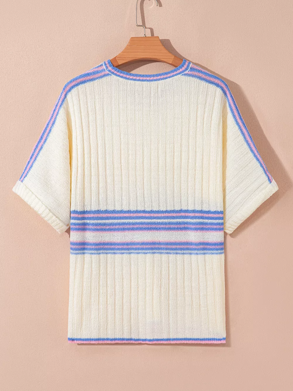 Striped V Neck Dolman Sleeve Rib Knit Oversized Sweater with Slits, image 6