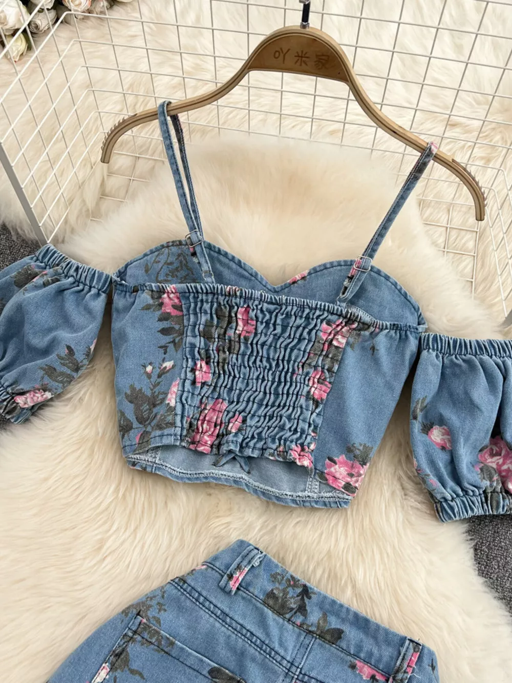 Floral Print Sweetheart Neck Cami and Skirt Denim Set, image 4