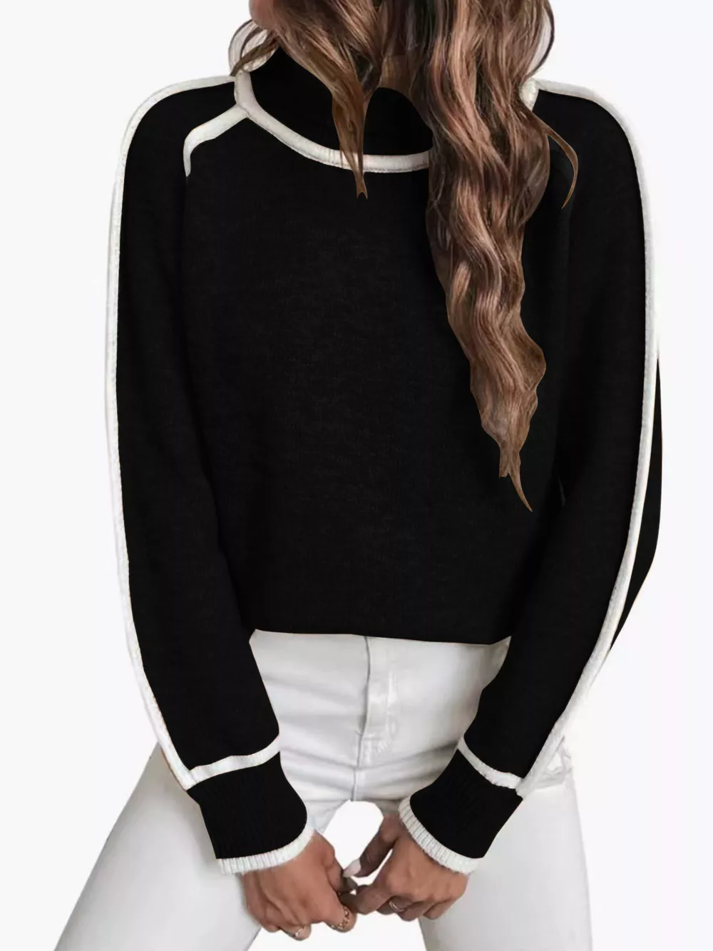 Full Size Contrast Trim Ribbed Hem Turtleneck Sweater Plus Size, image 12