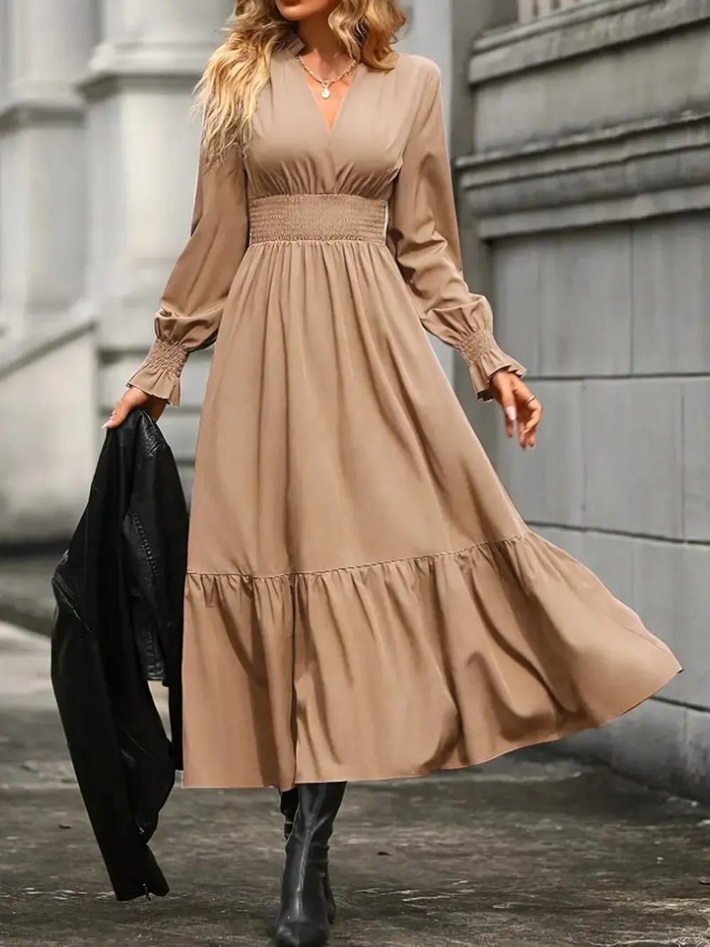 Notched Long Sleeve Tiered Dress, image 19