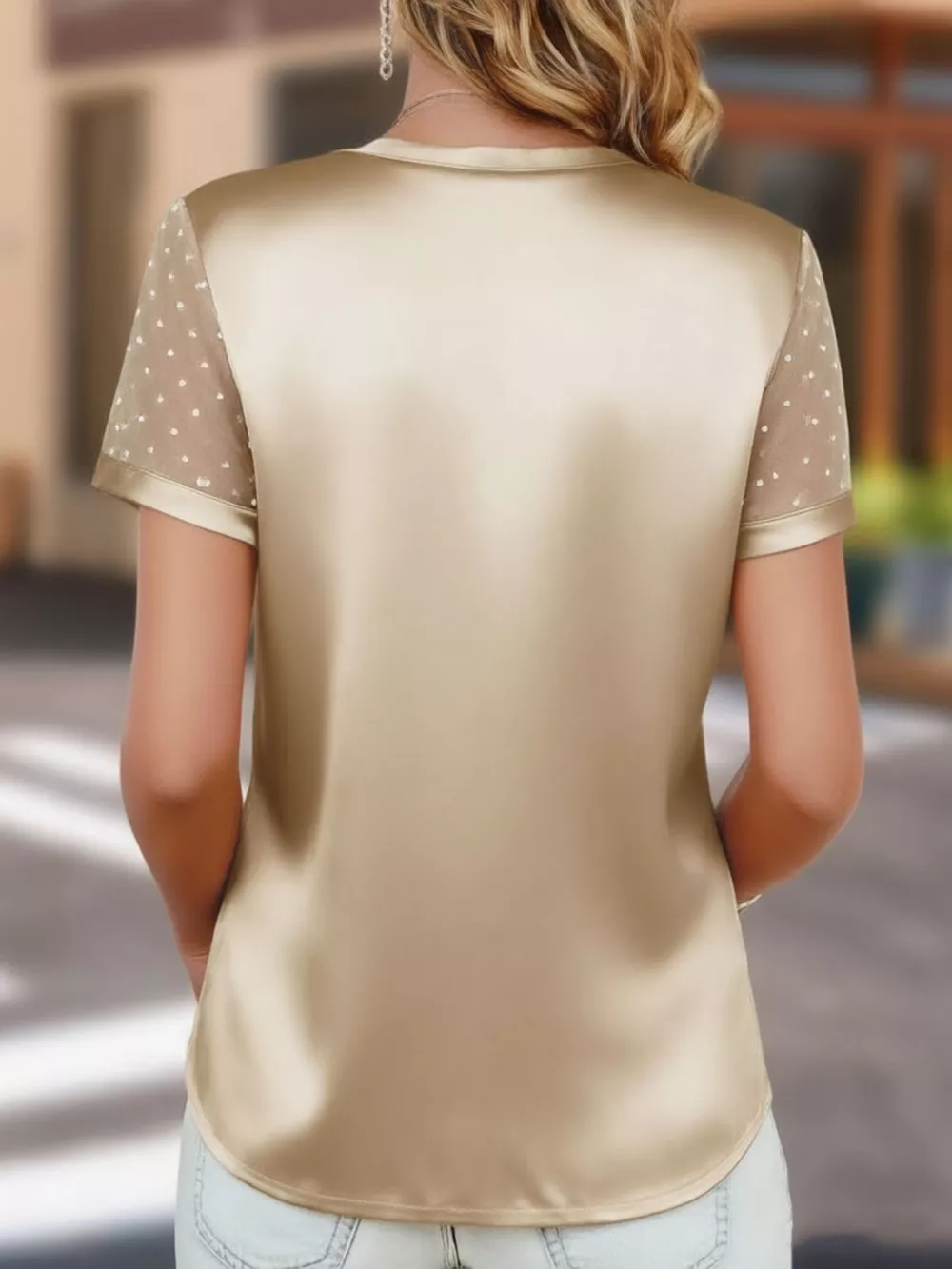 Satin V-Neck Sheer Short Sleeve Top, image 6