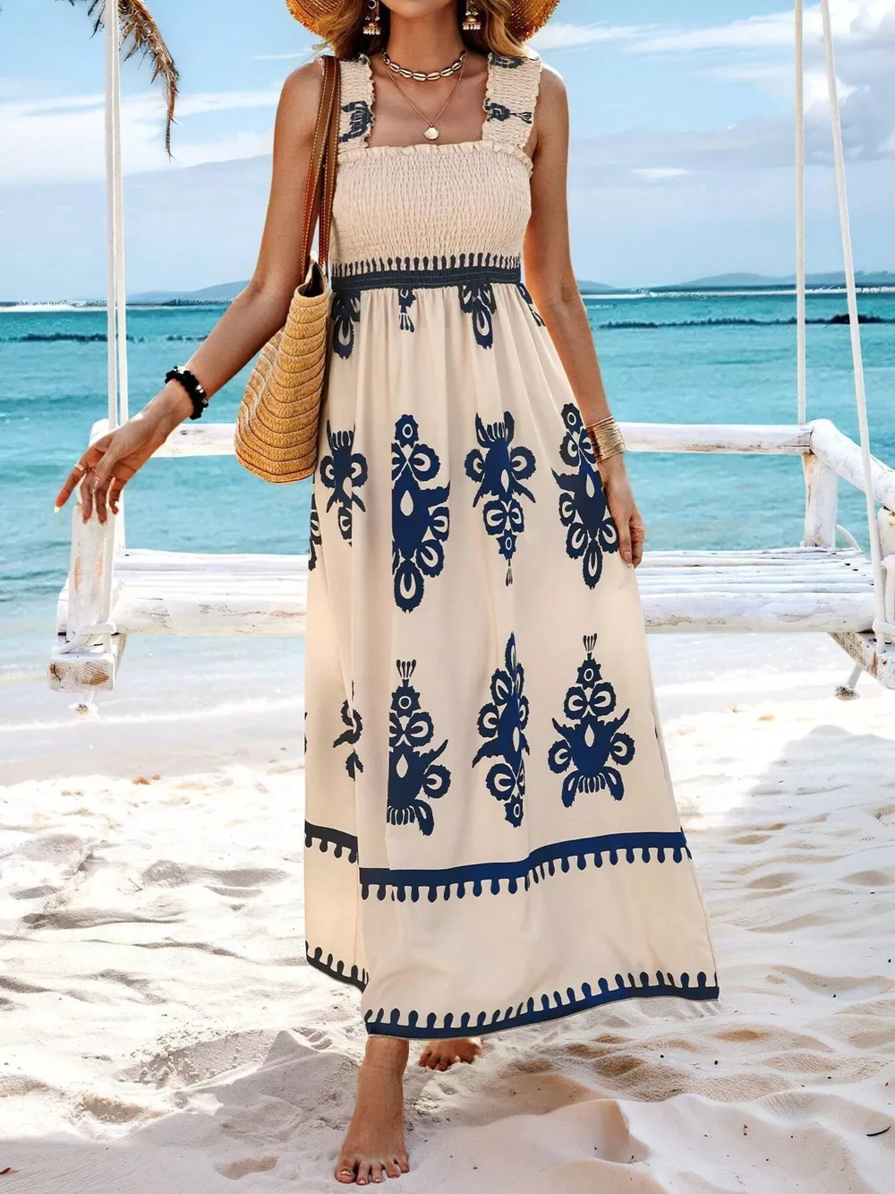 Smocked Printed Square Neck Maxi Dress, image 5