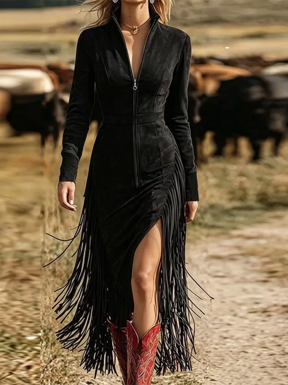 Fringe Zip-Front Midi Dress, image 5