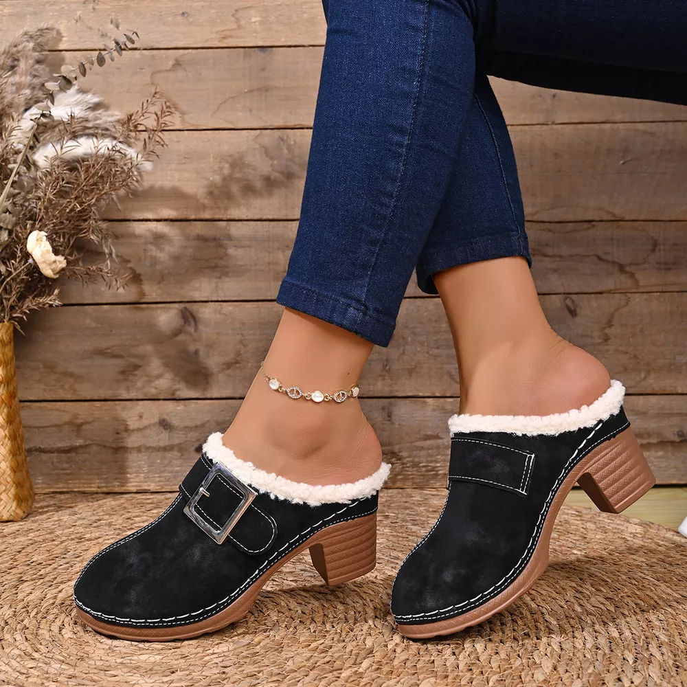 Faux Fur Lined Block Heel Shoes, image 3