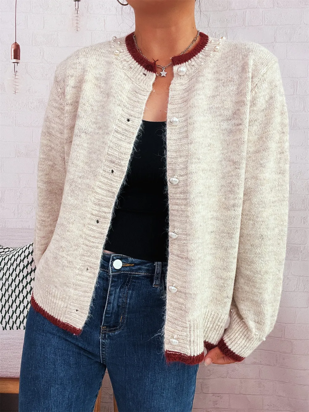Pearl Embellished Button-Front Cardigan, image 12