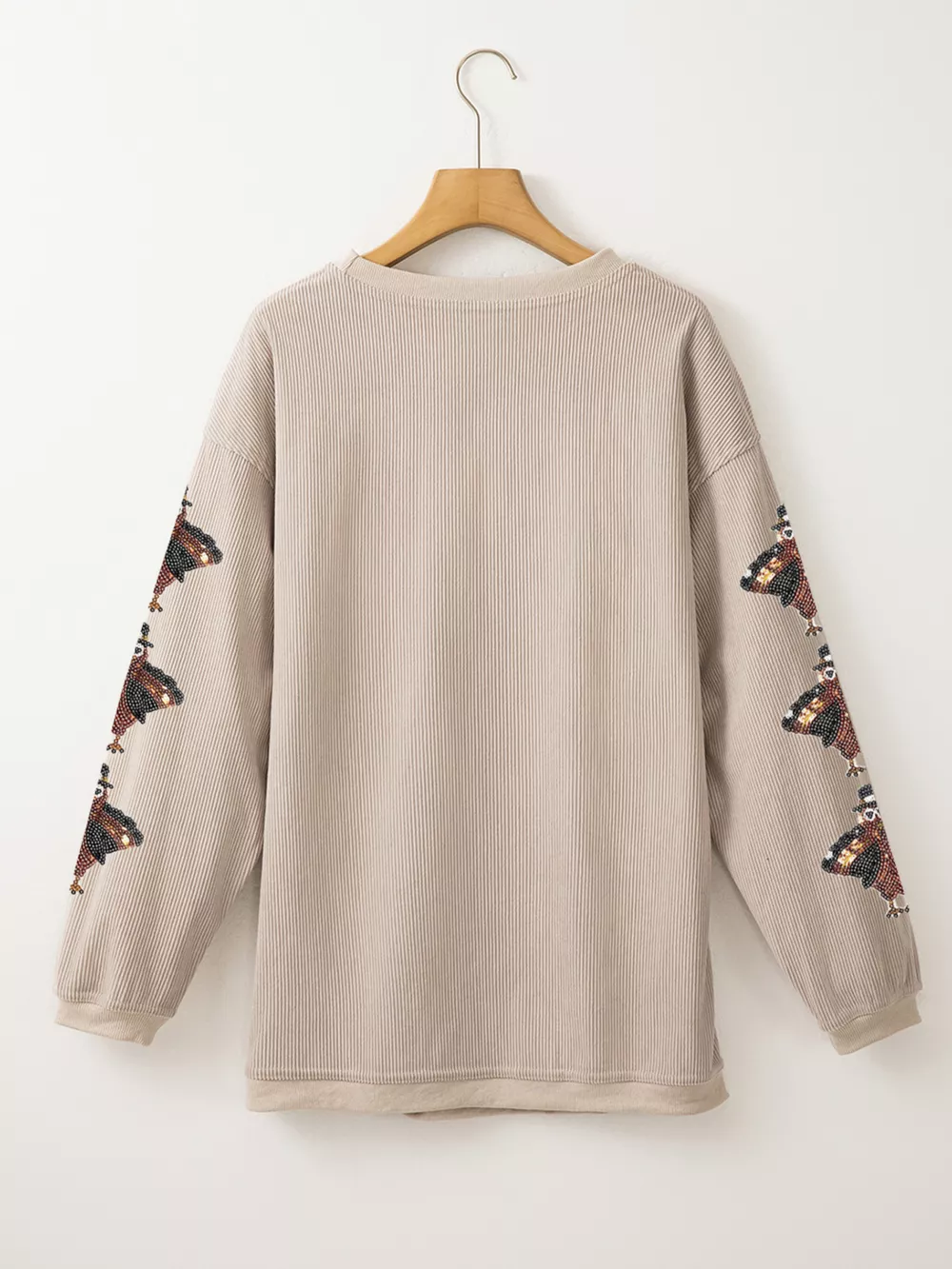 Gobble Corded Ribbed Thanksgiving Turkey Sequin Patched Sleeve Sweatshirt, image 5