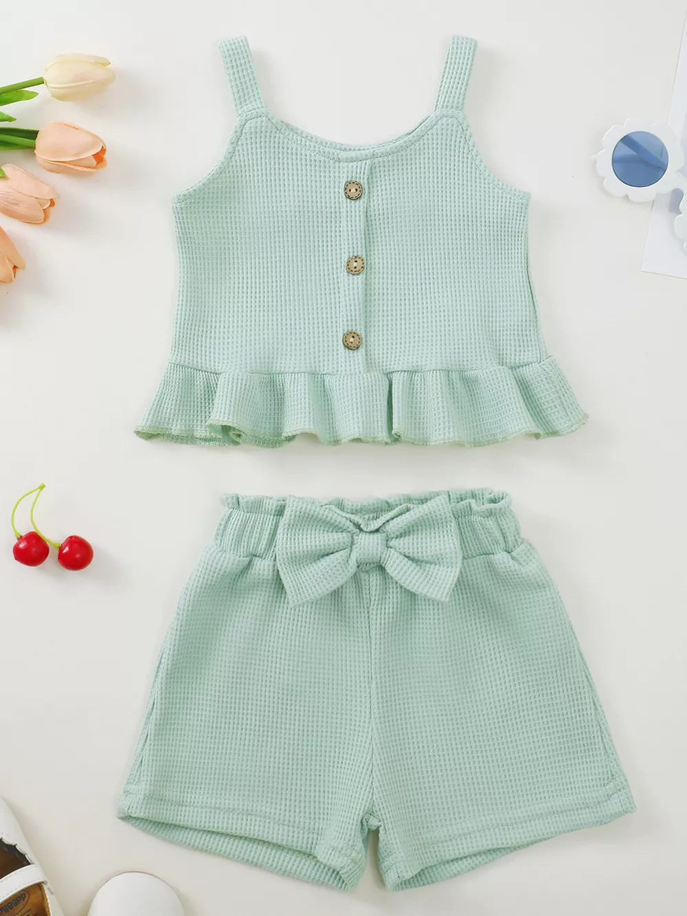 Children's Waffle Knit Tank Top and Bow Shorts Set, image 7