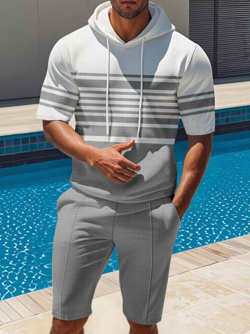 Men's Full Size Striped Short Sleeve Hoodie and Shorts Set Plus Size, image 3