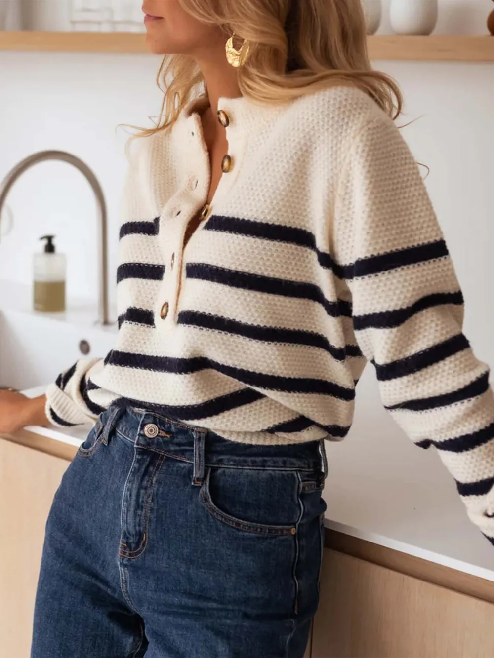 Striped Button-Front Sweater, image 4