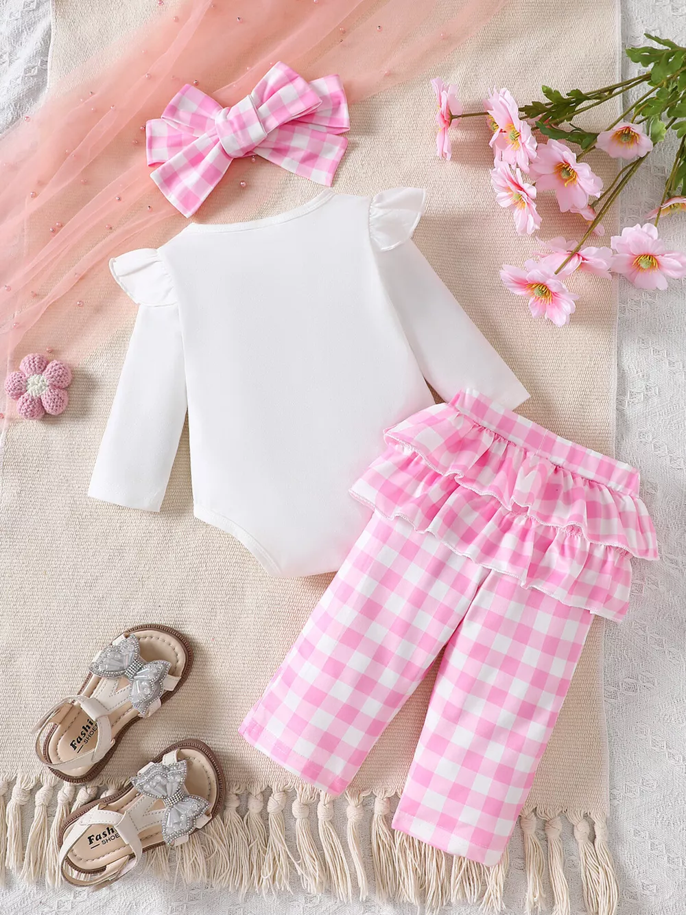 Children's Ruffled Bow Graphic Bodysuit and Pants Set with Headband, image 11