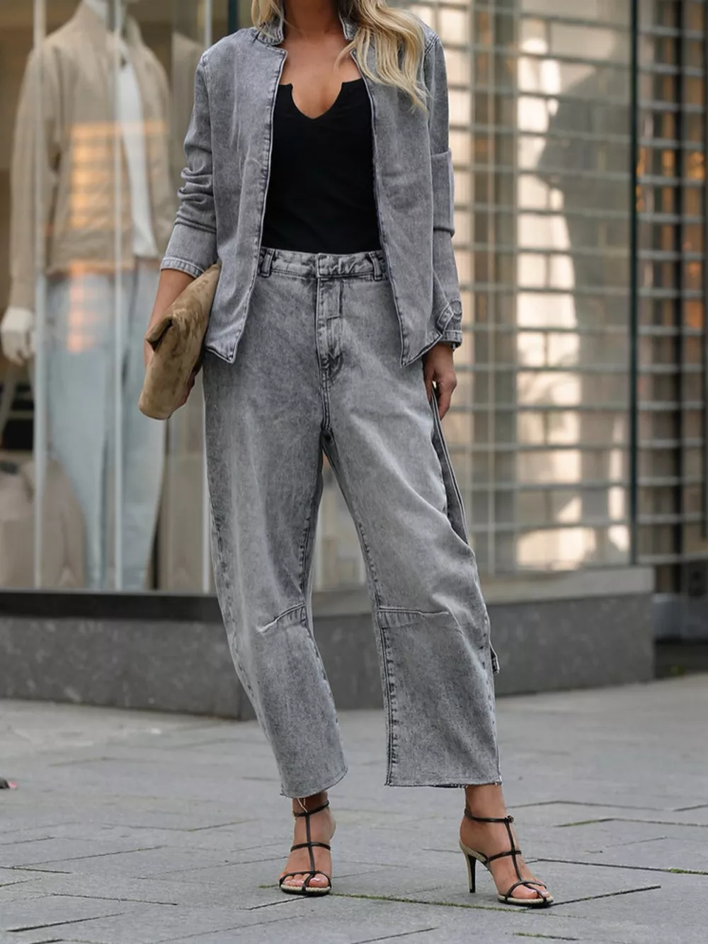 Long Sleeve Top and Wide Leg Jeans Denim Set, image 4