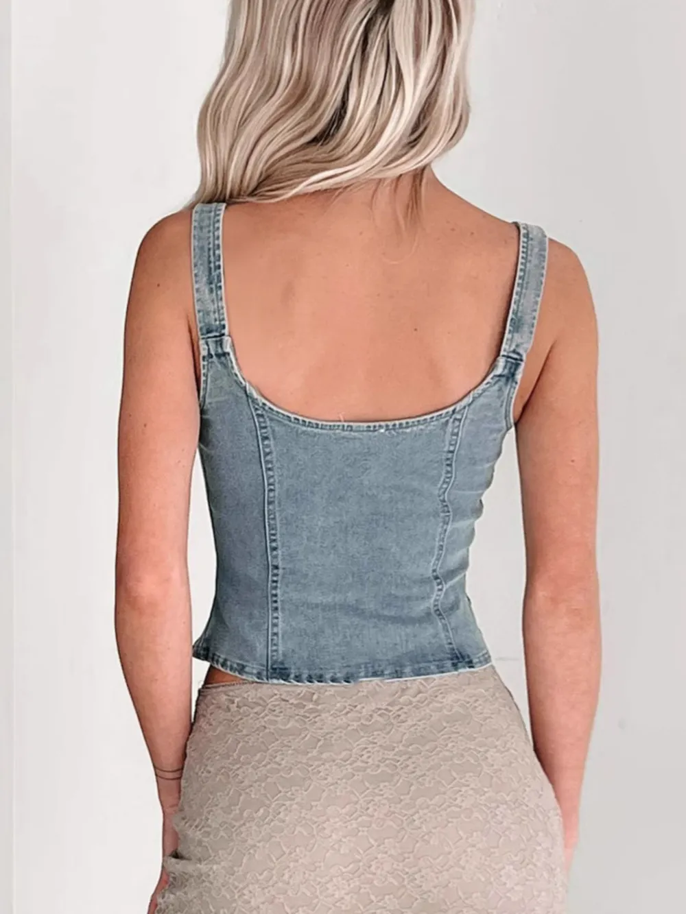 Fitted Denim Corset Tank Top with Front Zip, image 2