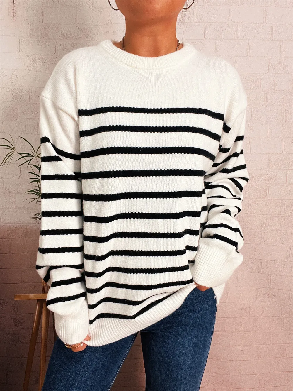 Striped Round Neck Drop Shoulder Sweater
