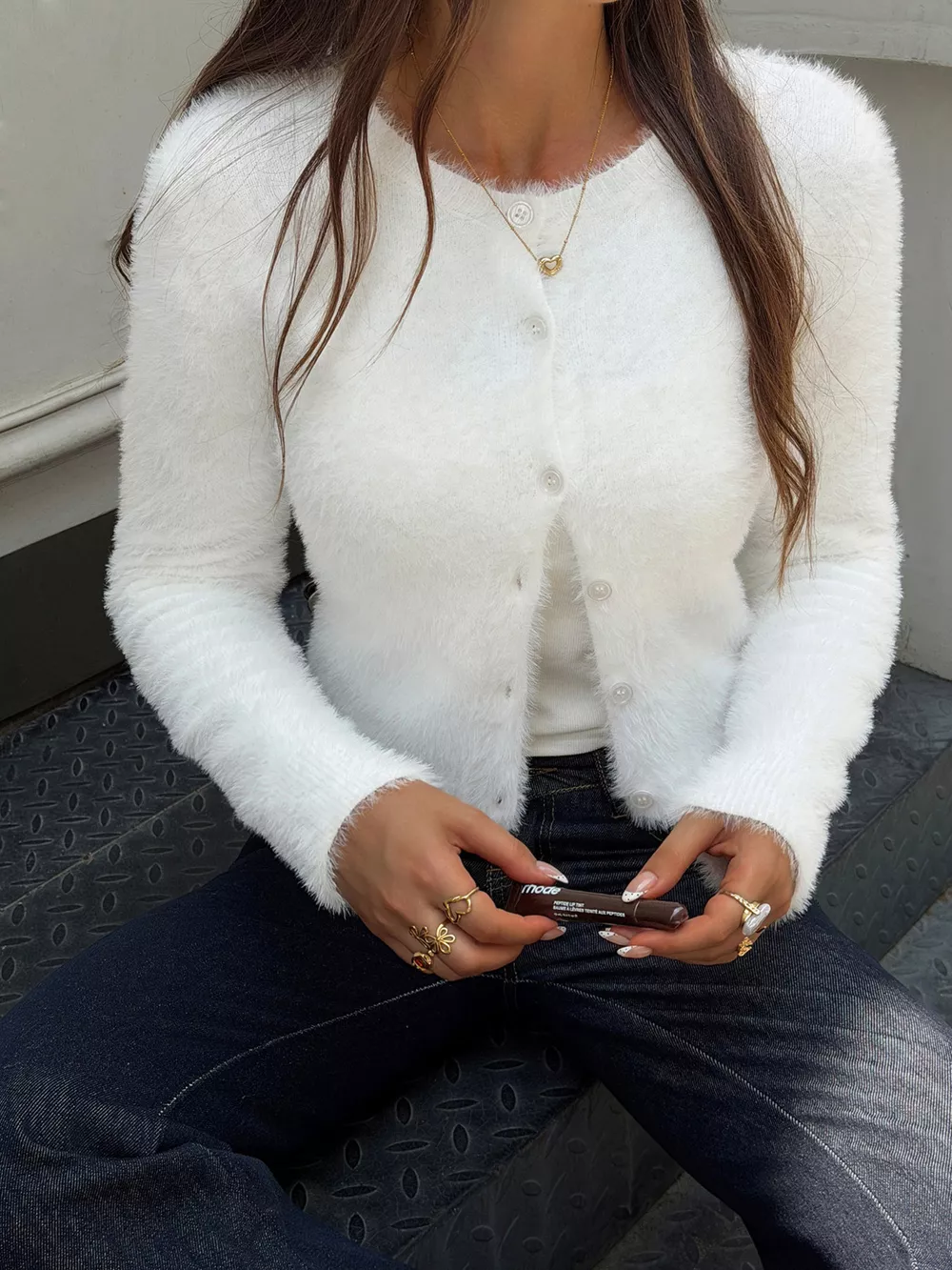 Fuzzy Knit Button-Down Cardigan, image 3