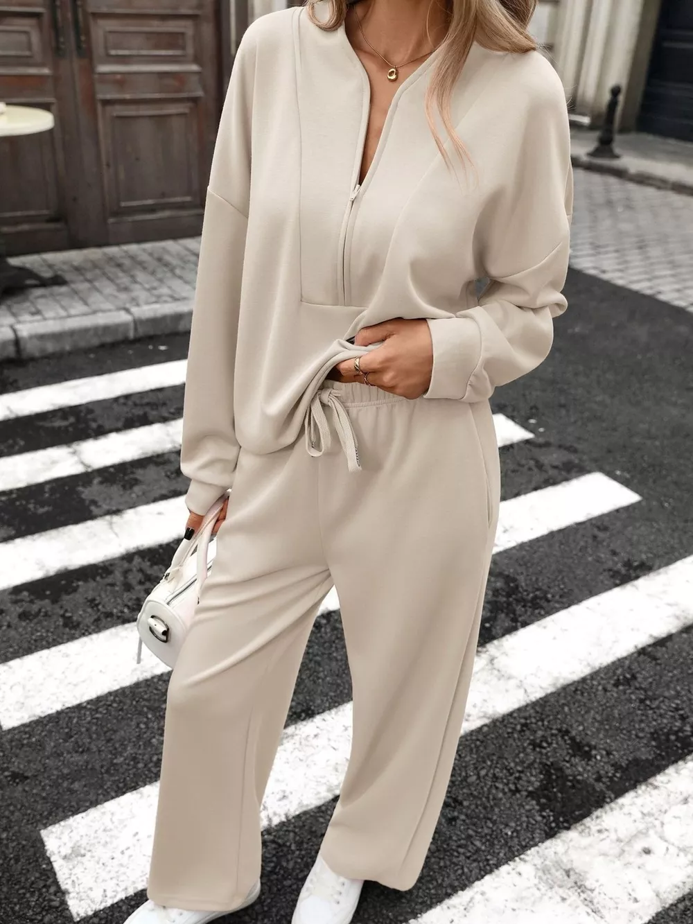 Half Zip Sweatshirt and Wide-Leg Pants Set, image 14