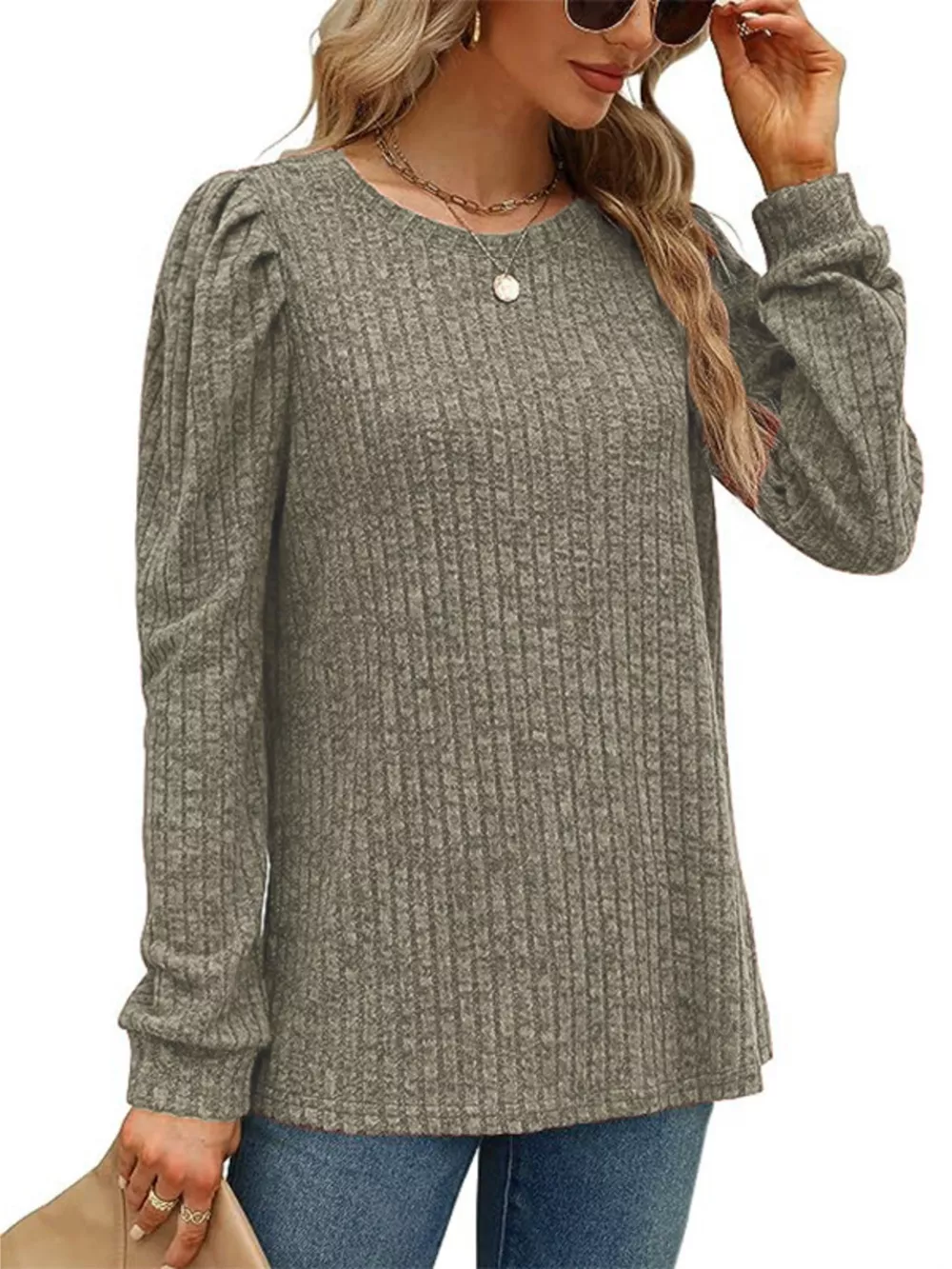 Ribbed Knit Top with Puff Sleeves, image 11