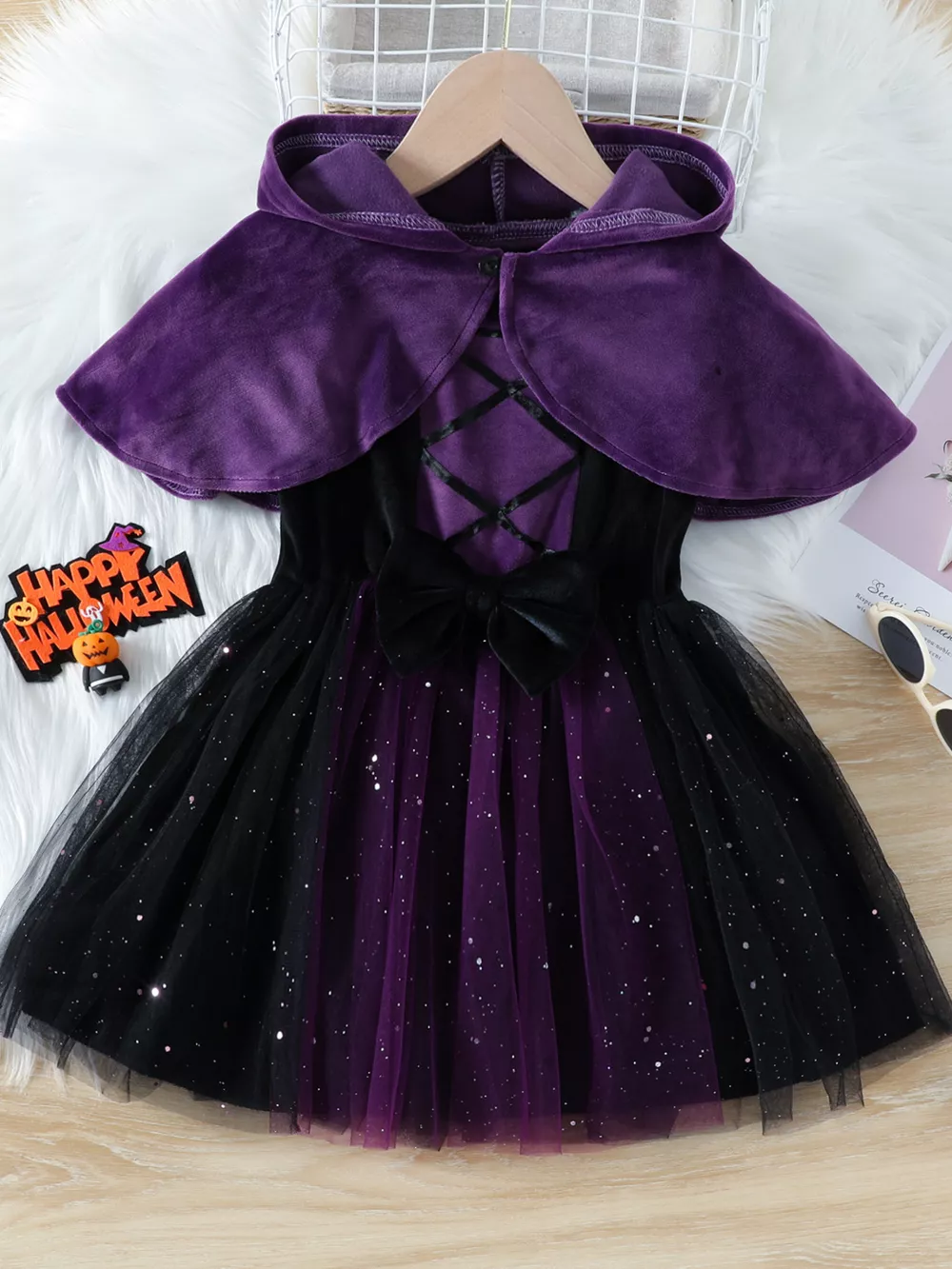 Children's Velvet Hooded Cape and Tulle Dress Halloween Witch Costume Set, image 2