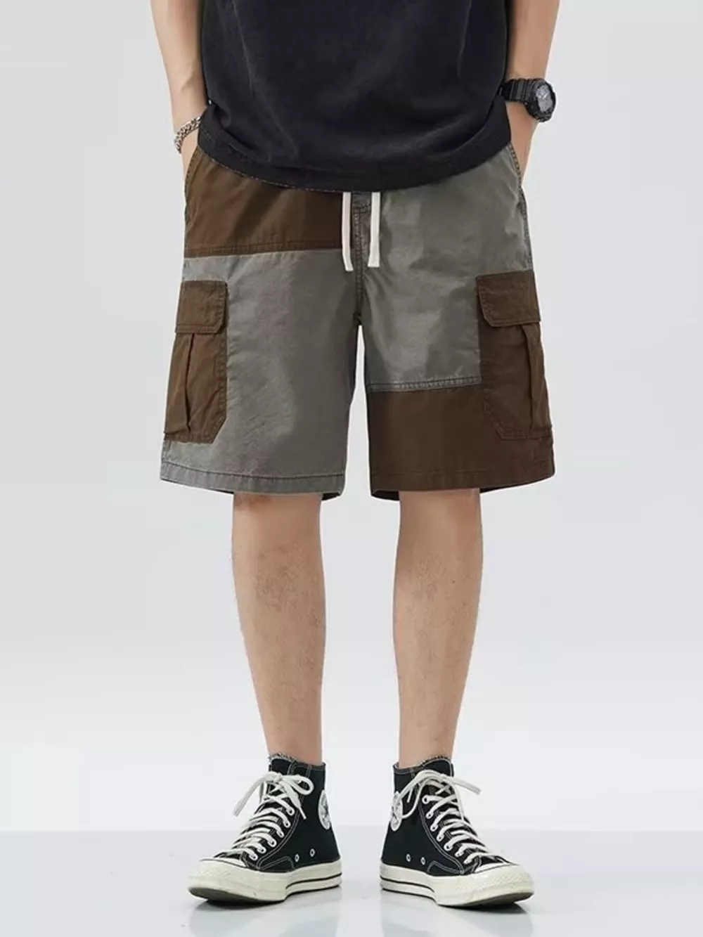 Men's Plus Size Two-Tone Cargo Shorts with Drawstring