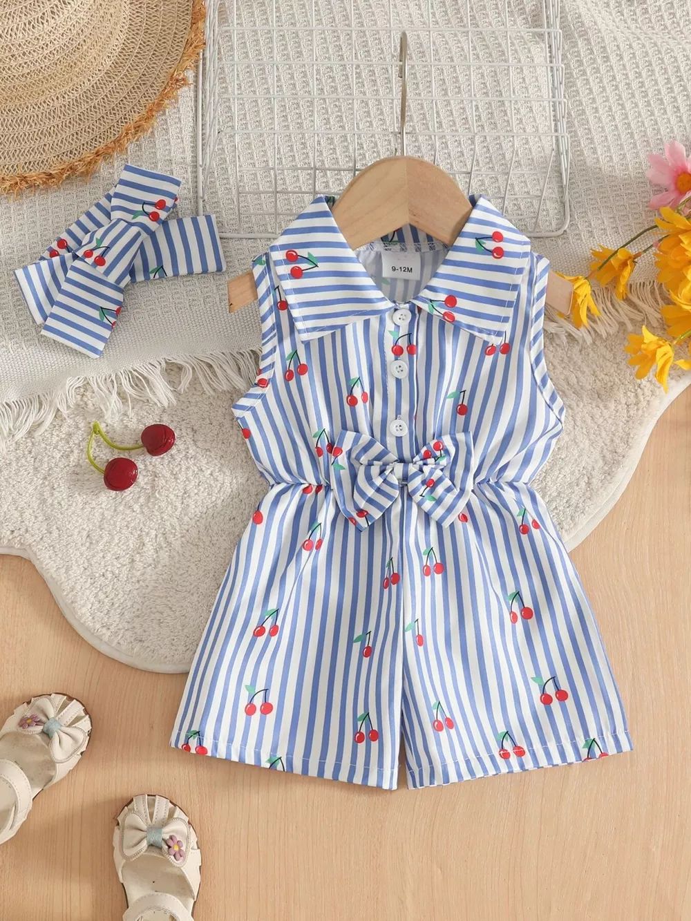 Children's Cherry Print Striped Sleeveless Romper with Headband