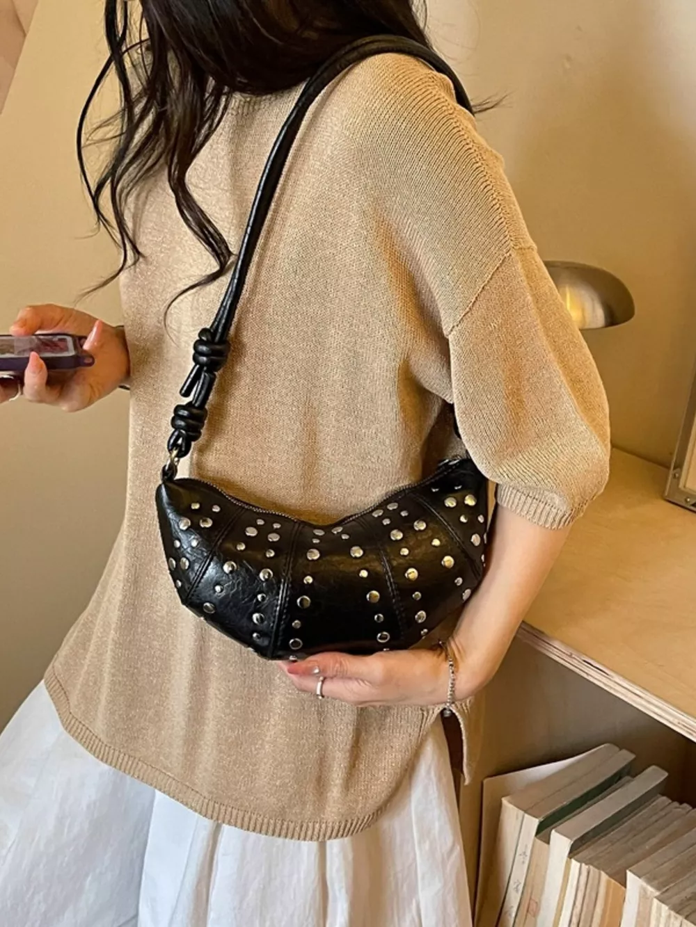 Studded Crescent Shoulder Bag