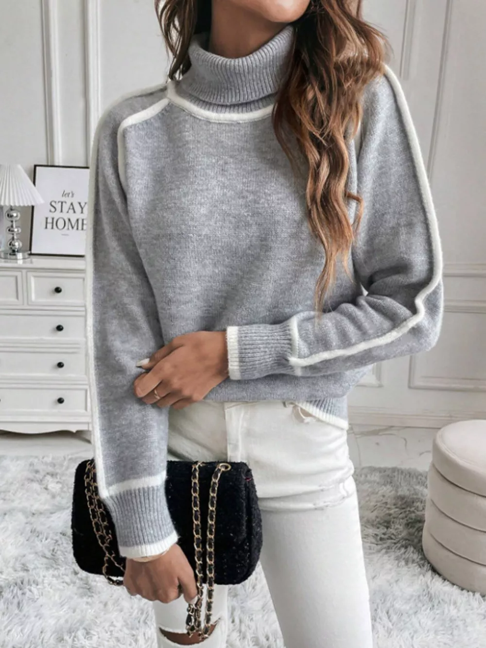 Full Size Contrast Trim Ribbed Hem Turtleneck Sweater Plus Size, image 7