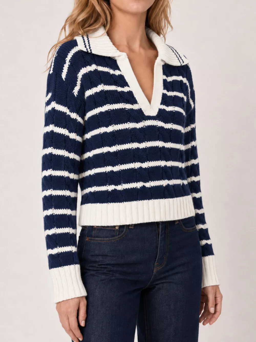 Striped Johnny Collar Dropped Shoulder Sweater, image 2