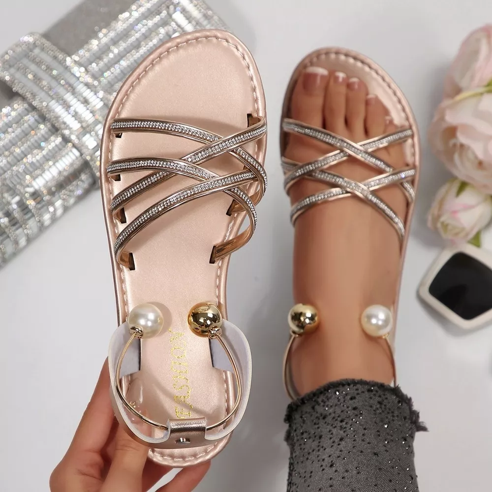 Pearl Embellished Strappy Flat Sandals, image 9