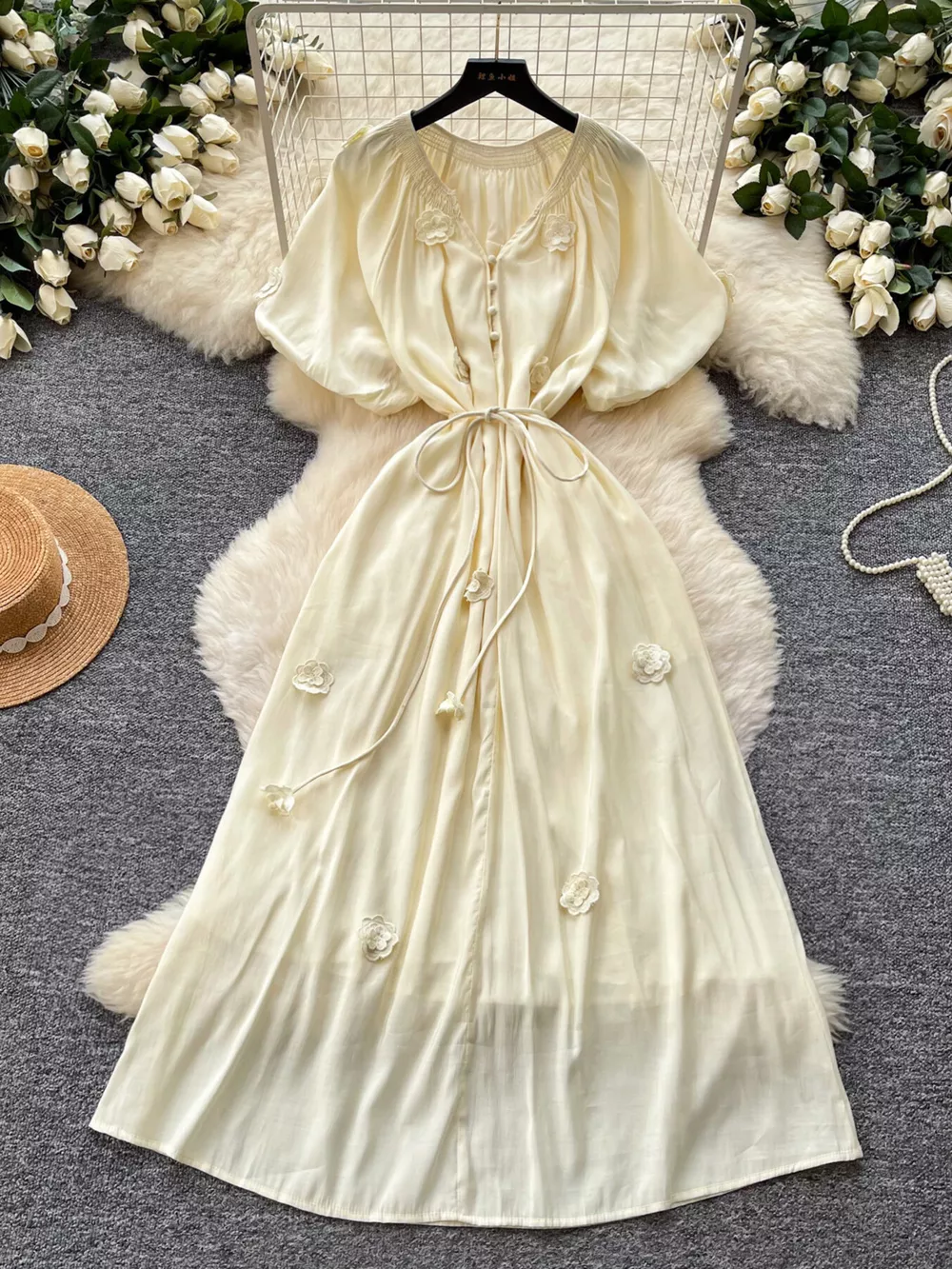 Floral Decor Tie Waist Puff Sleeve Dress, image 12
