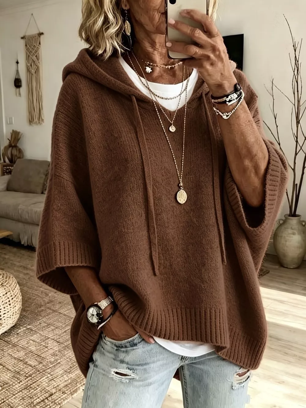 Full Size Casual Hooded Batwing Sleeve Knit Sweater Plus Size, image 8