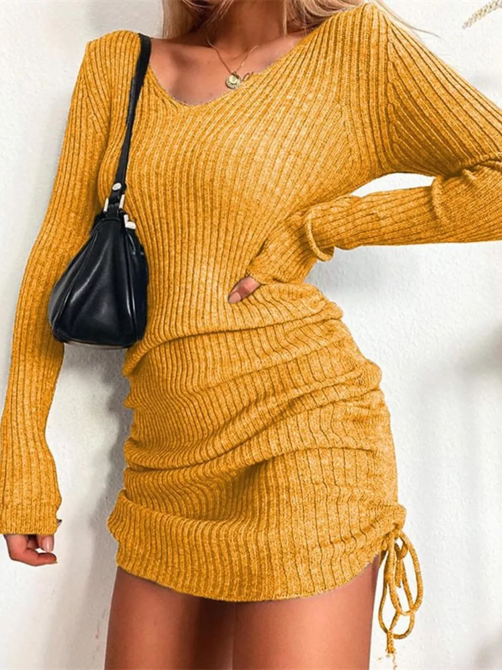 Full Size Ribbed Knit Drawstring Bodycon Sweater Dress Plus Size, image 27