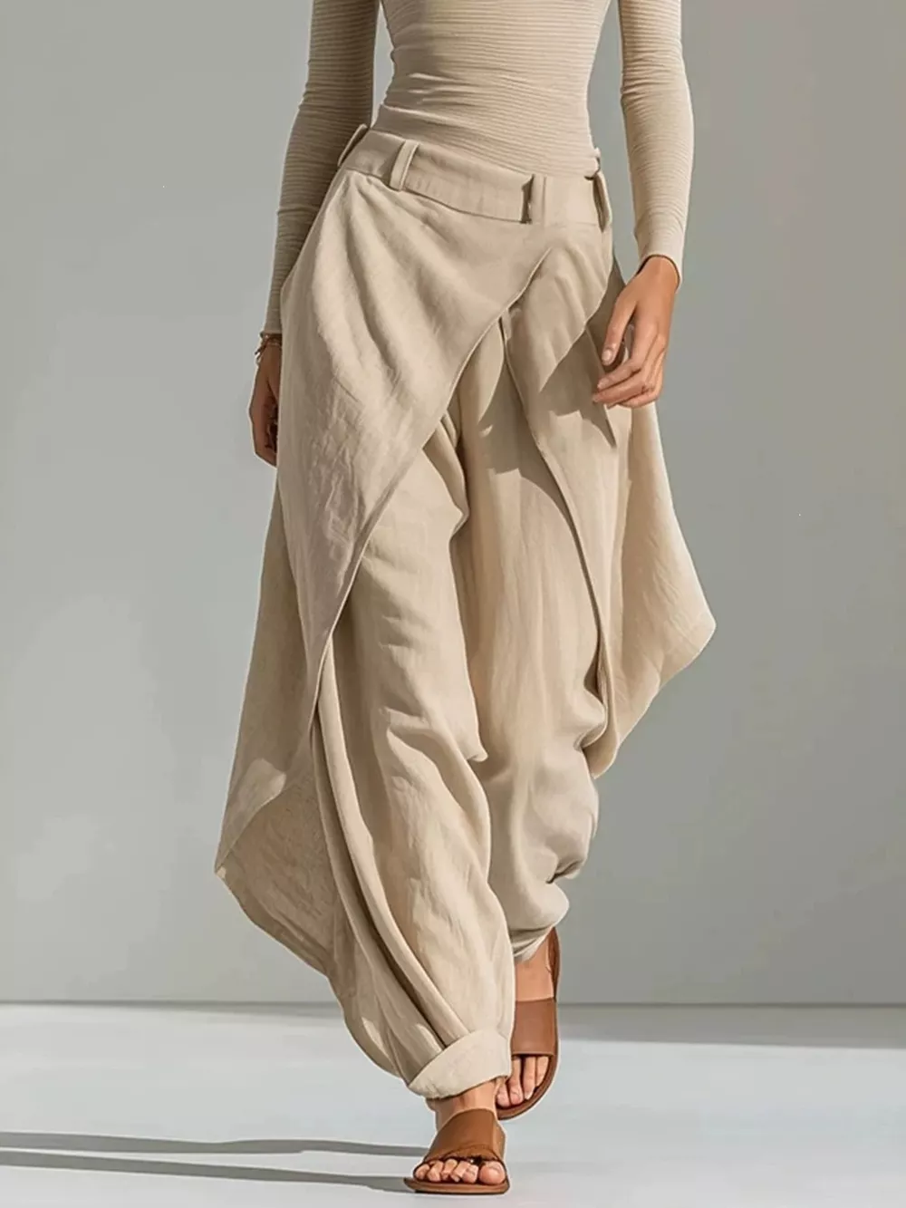 Boat Neck Long Sleeve Top and Wrap-Front Wide Leg Pant Set, image 3