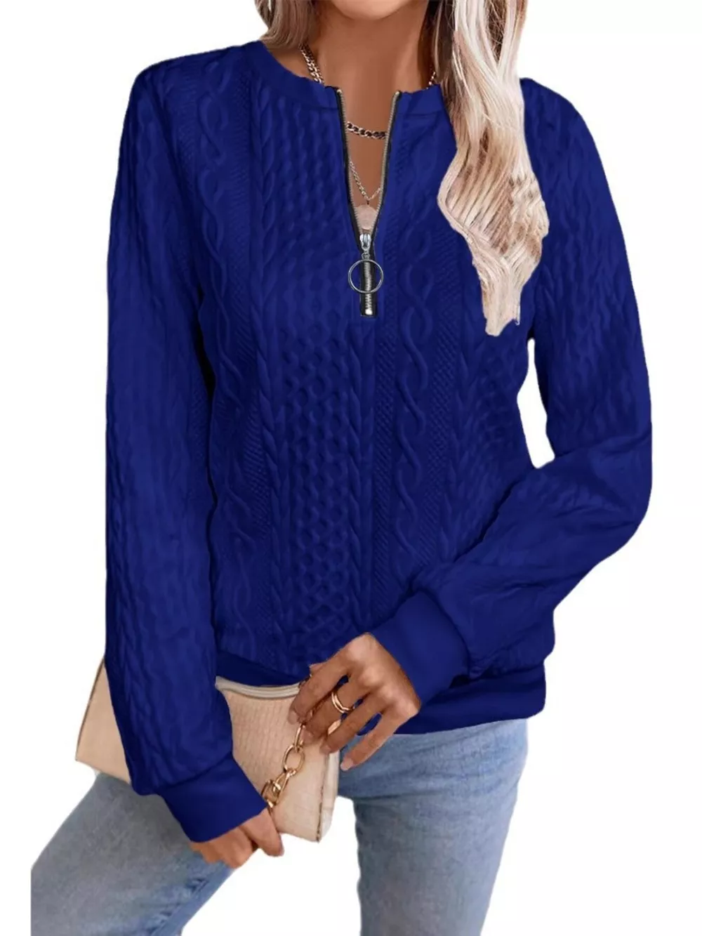 Chic Cable Texture Quarter-Zip Sweatshirt, image 7