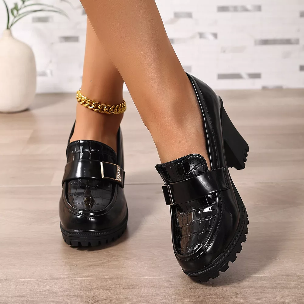 Chunky Heel Crocodile Pattern Patent Leather Loafers with Metal Buckle, image 2