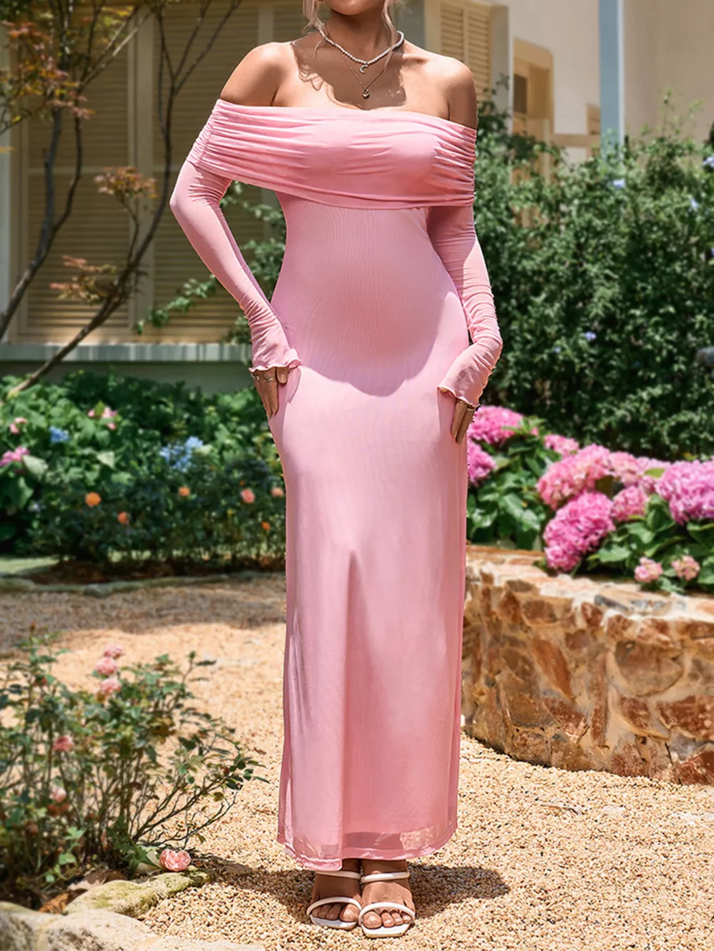 Off-Shoulder Ruched Long Sleeve Maxi Dress, image 3