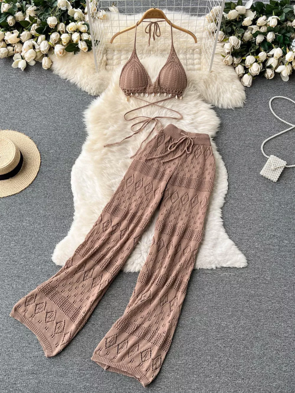 Crochet Knit Halter Neck Top and Wide Leg Pants Set, image 11