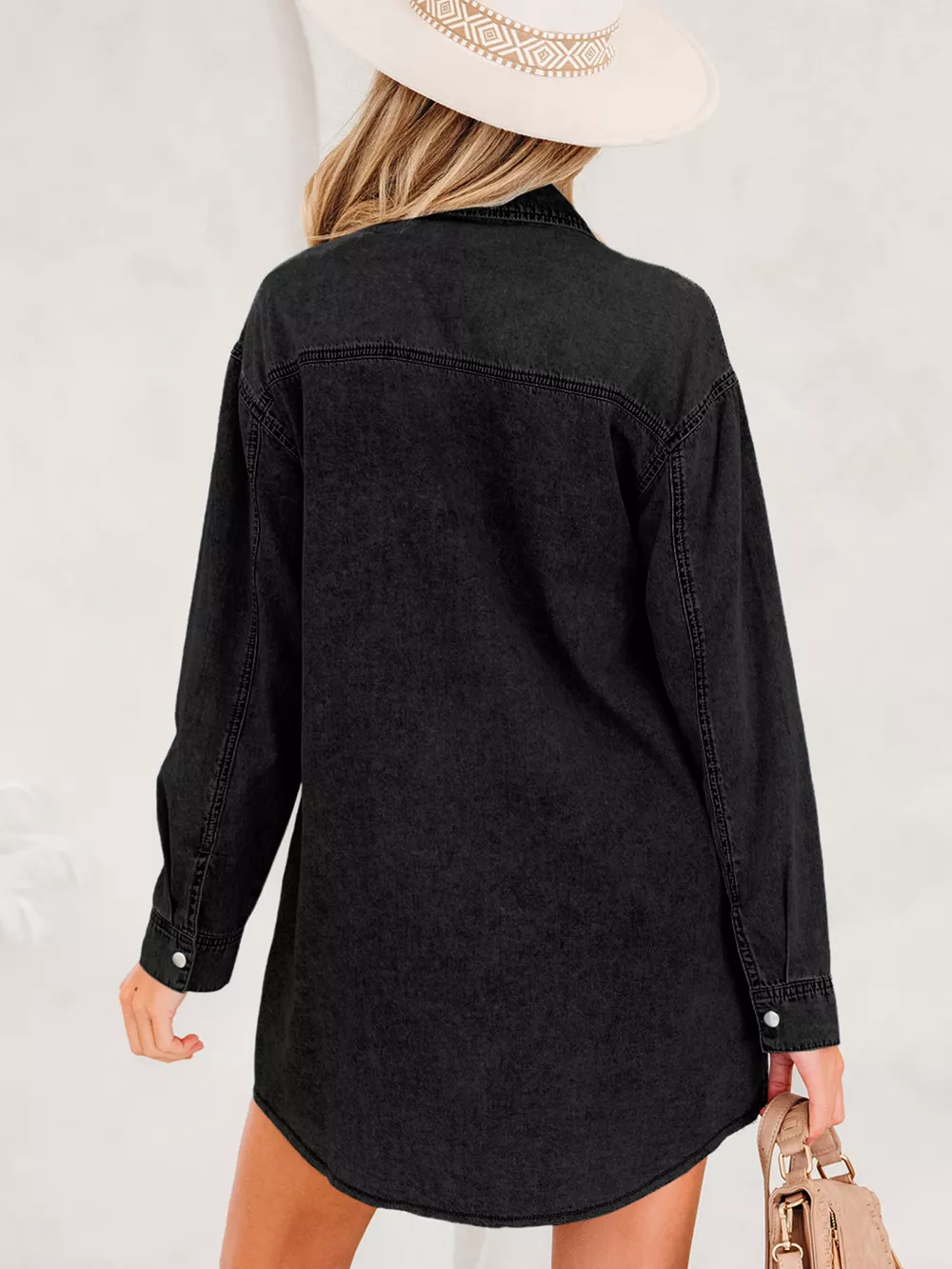Chest Pocket Raw Hem Denim Loose Shirt Dress, image 11
