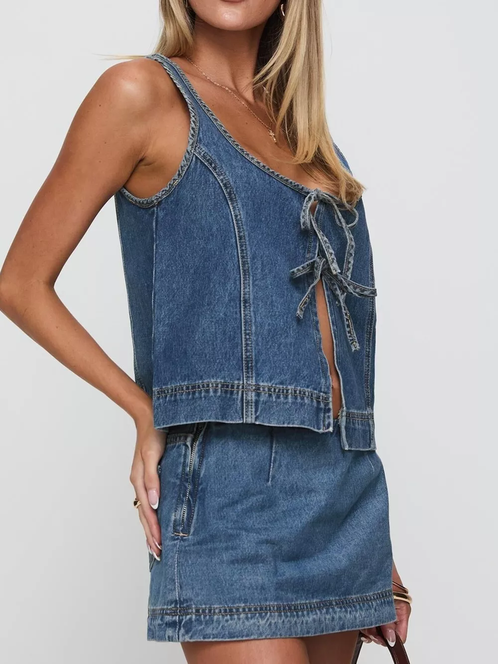 Tie-Front Tank and Skirt Denim Set, image 3