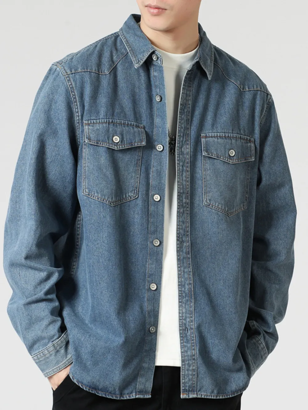 Men's Plus Size Washed Button Down Denim Shirt, image 2