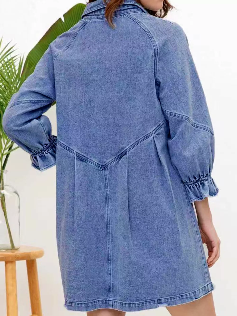 Ruffled Cuff Button-Down Denim Dress, image 5