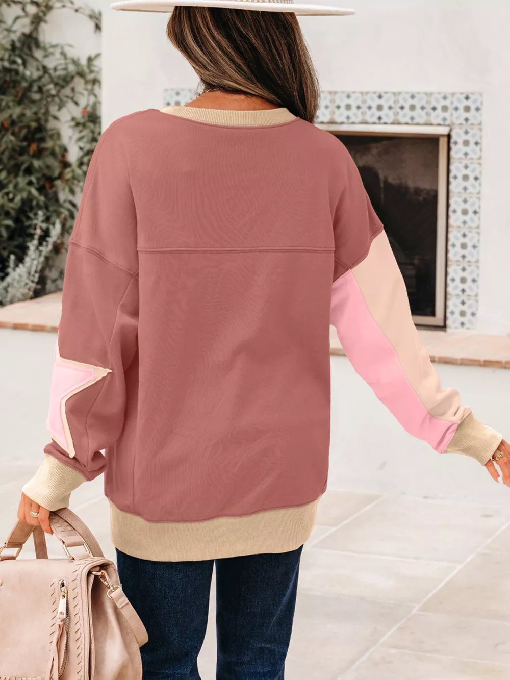 Contrast Star Patchwork Exposed Seam Uneven Hem Drop Shoulder Sweatshirt, image 5