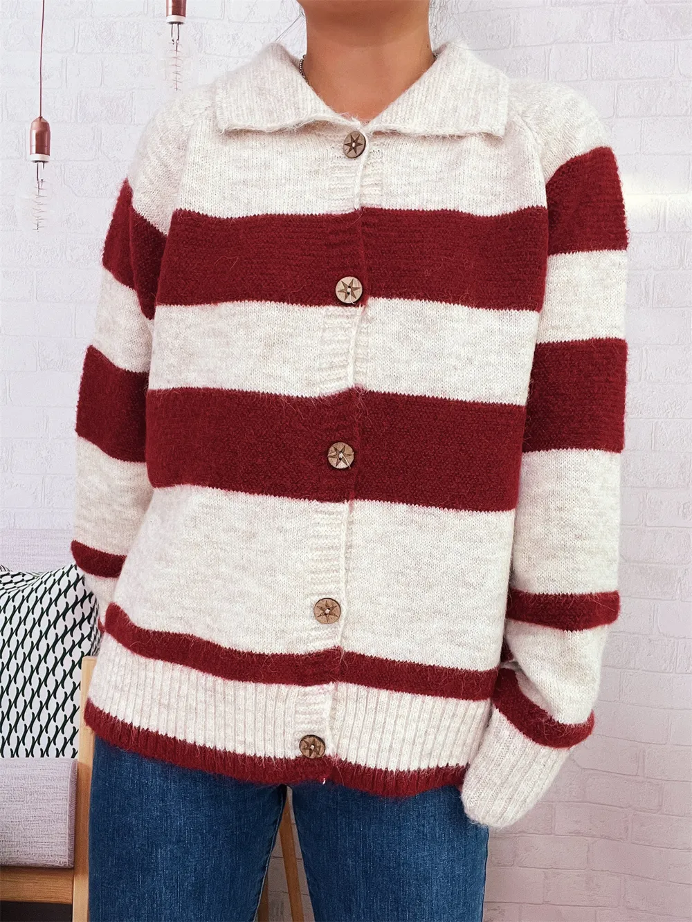 Striped Button-Up Cozy Cardigan, image 7