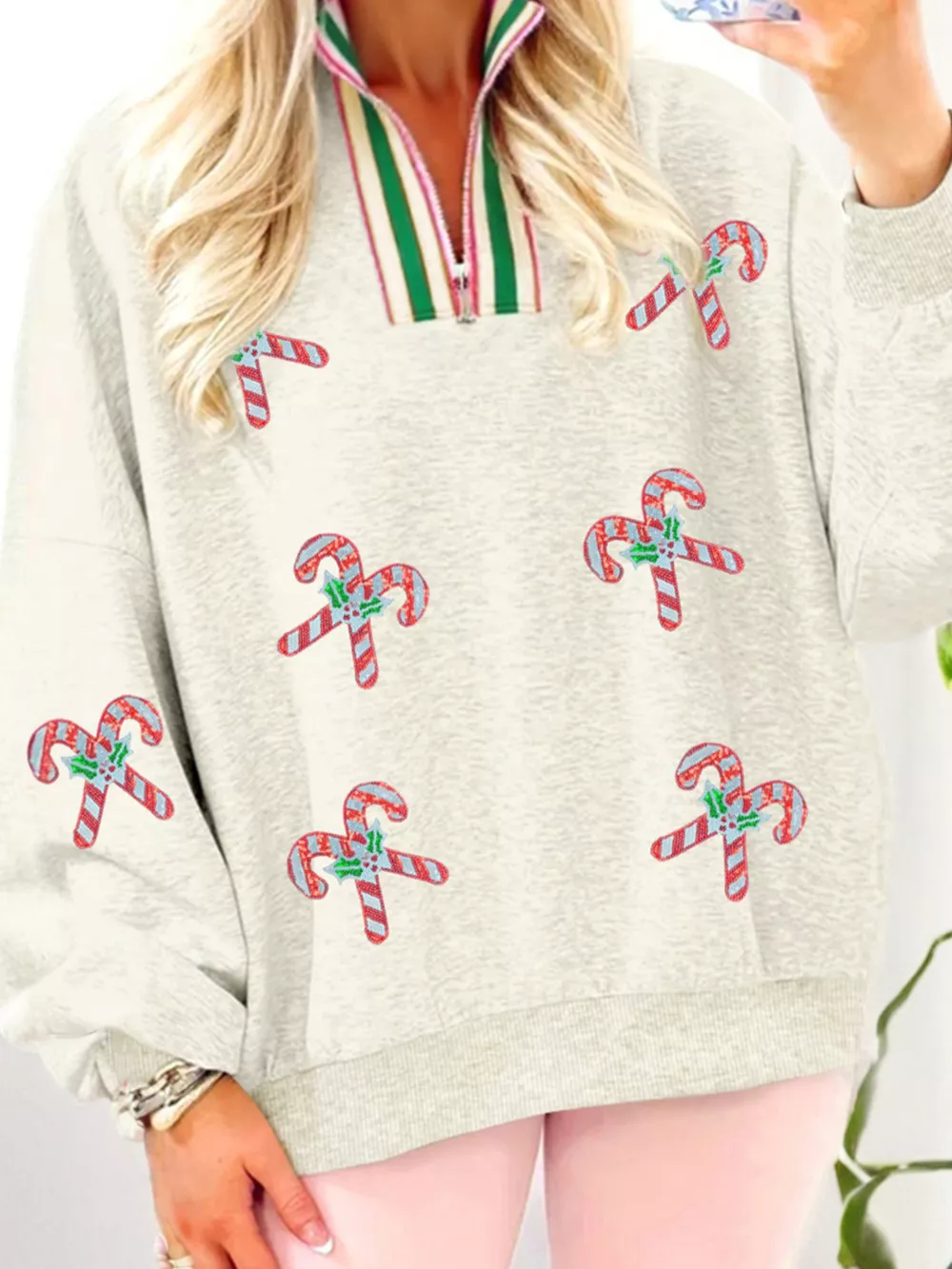 Sequin Candy Canes Contrast Collar Patchwork Loose Sweatshirt