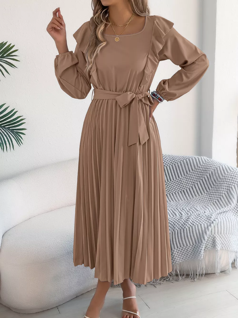 Ruffle Trim Pleated A-Line Midi Dress, image 8